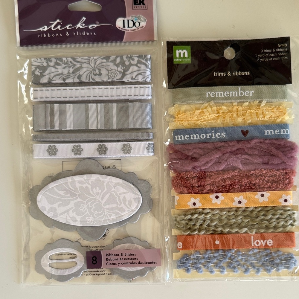Assorted scrapbooking material with Ribbons and raised stickers. Wedding etc.